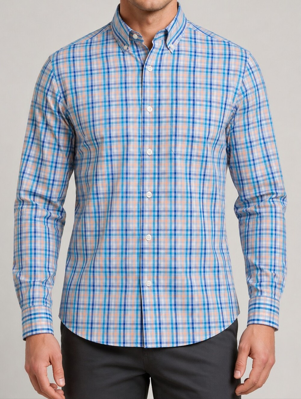 Duluth Trading Co. Men's Blue Plaid Wrinklefighter Relaxed Fit Long Sleeve Shirt